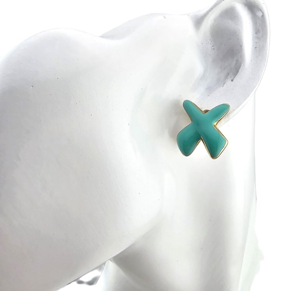 Vintage Blue-Green / Teal Enamel and Gold Tone Abstract X Pierced Earrings